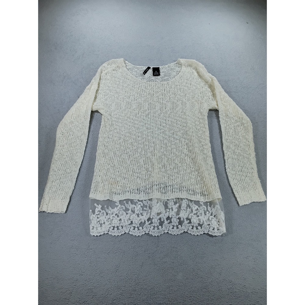 New Directions Petite Sweater Ivory PM Lace Trim Open Knit Long Sleeve